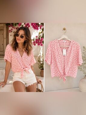Rails Heart Print Silk Tie-Front Blouse | NWT | Size M | 100% Silk